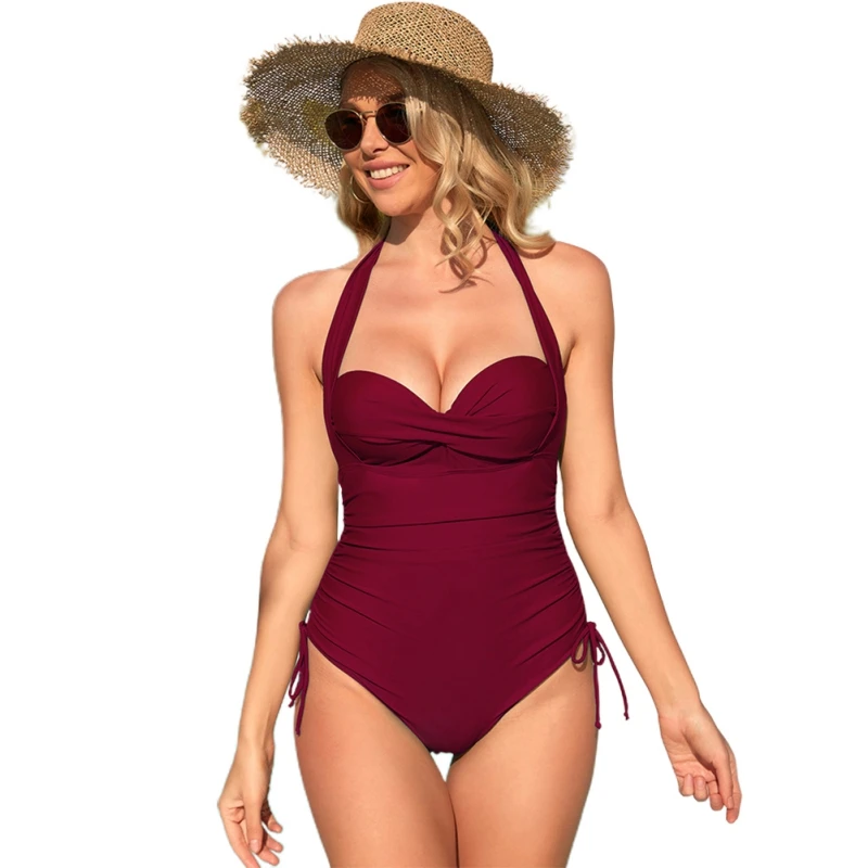 

Women's One Piece Halter Lace Up Bikini Swimwear Ladies' Solid Color Sexy V neck Backless Bodysuit Soft Drawstring Swimsuit