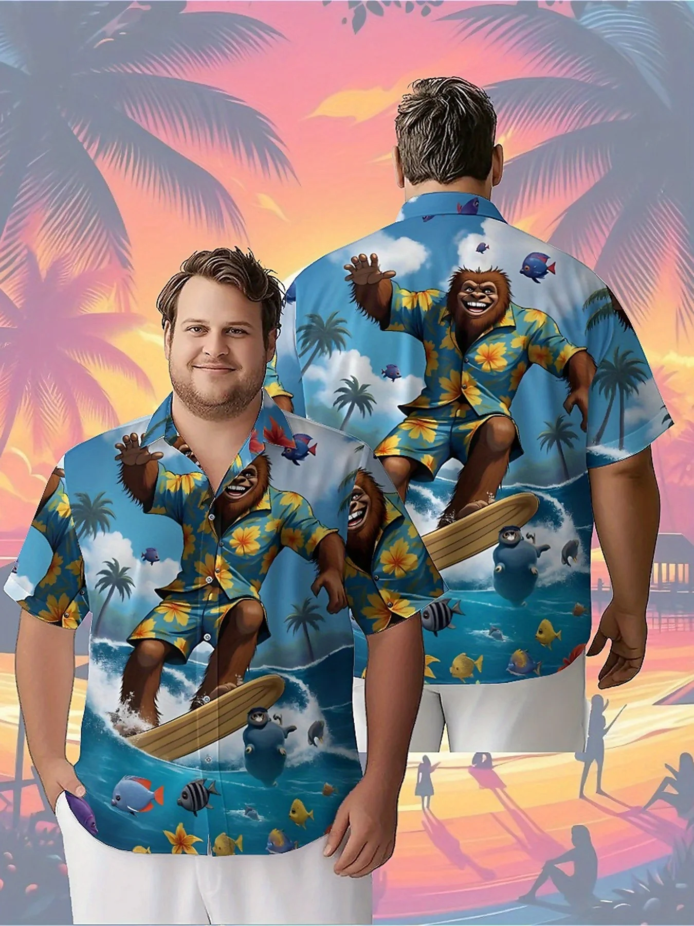 

Men's Plus Size Hawaiian Shirts Sasquatch Skateboard Surfing pattern,Unisex Baggy Aloha Shirts,summer Alternative Clothing