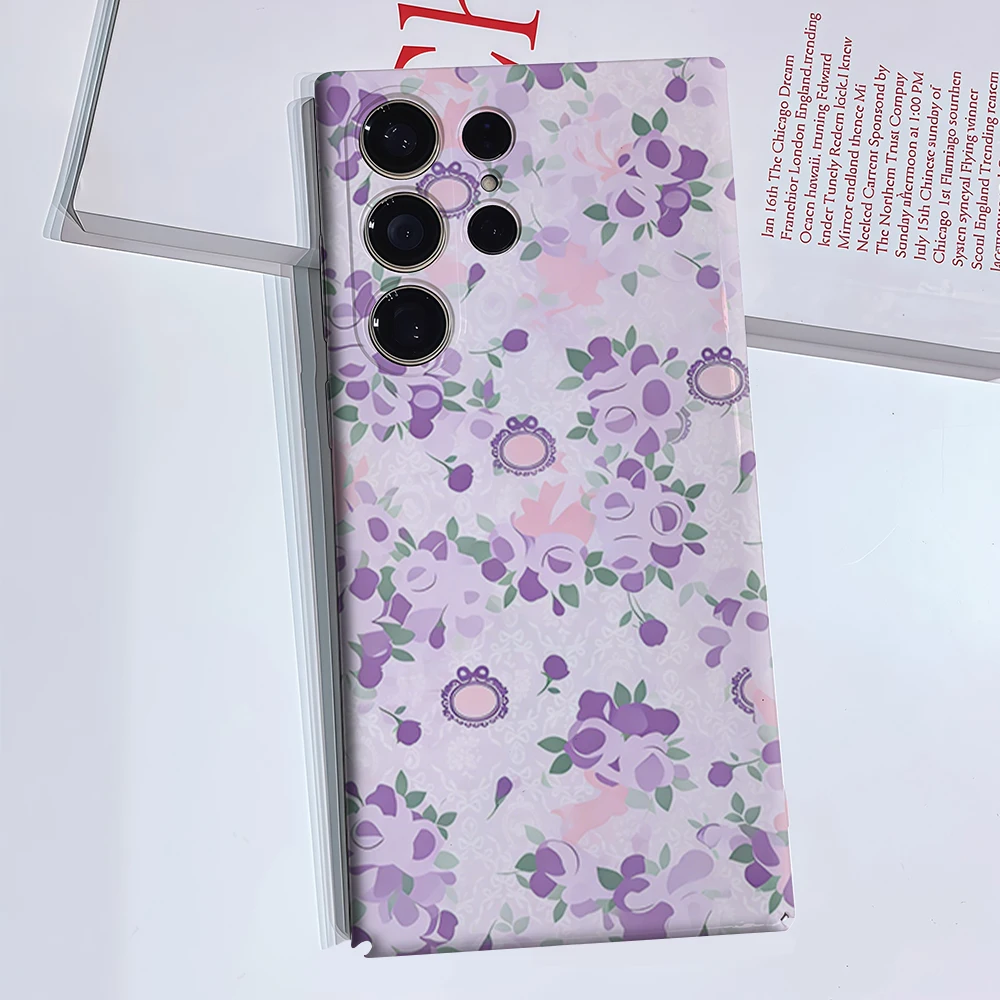 Purple Flower Mirror Phone Case for Samsung Galaxy S26 S25 Ultra S24 S23 Ultra Plus Glossy Double-layer Back Cover