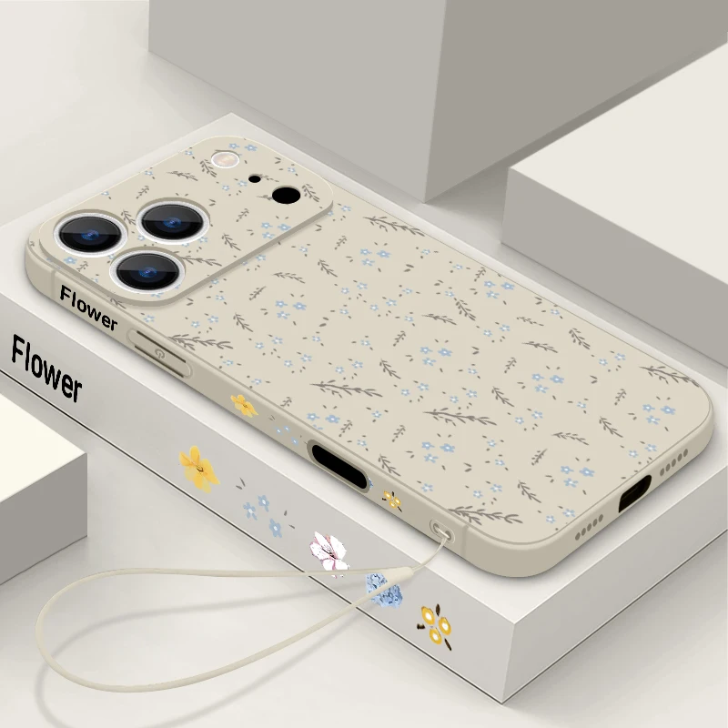 Para iPhone 16 Pro Max funda con cordón pequeño patrón de flores azules funda de silicona TPU suave para iPhone 17 Pro Max Air 15 14 13 12 1116e