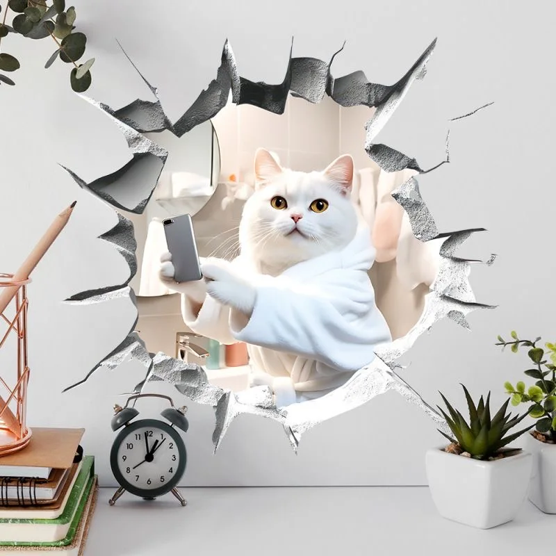 Funny Cartoon Hole White Cat Wall Sticker Bathroom Toilet Decor Living Room Cabinet Refrigerator Home Decoration Decals S817
