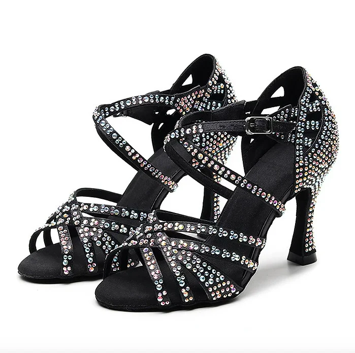 Latin dance shoes ladies new silk satin shiny rhinestone Cuban high heels 8.5 cm salsa dance shoes