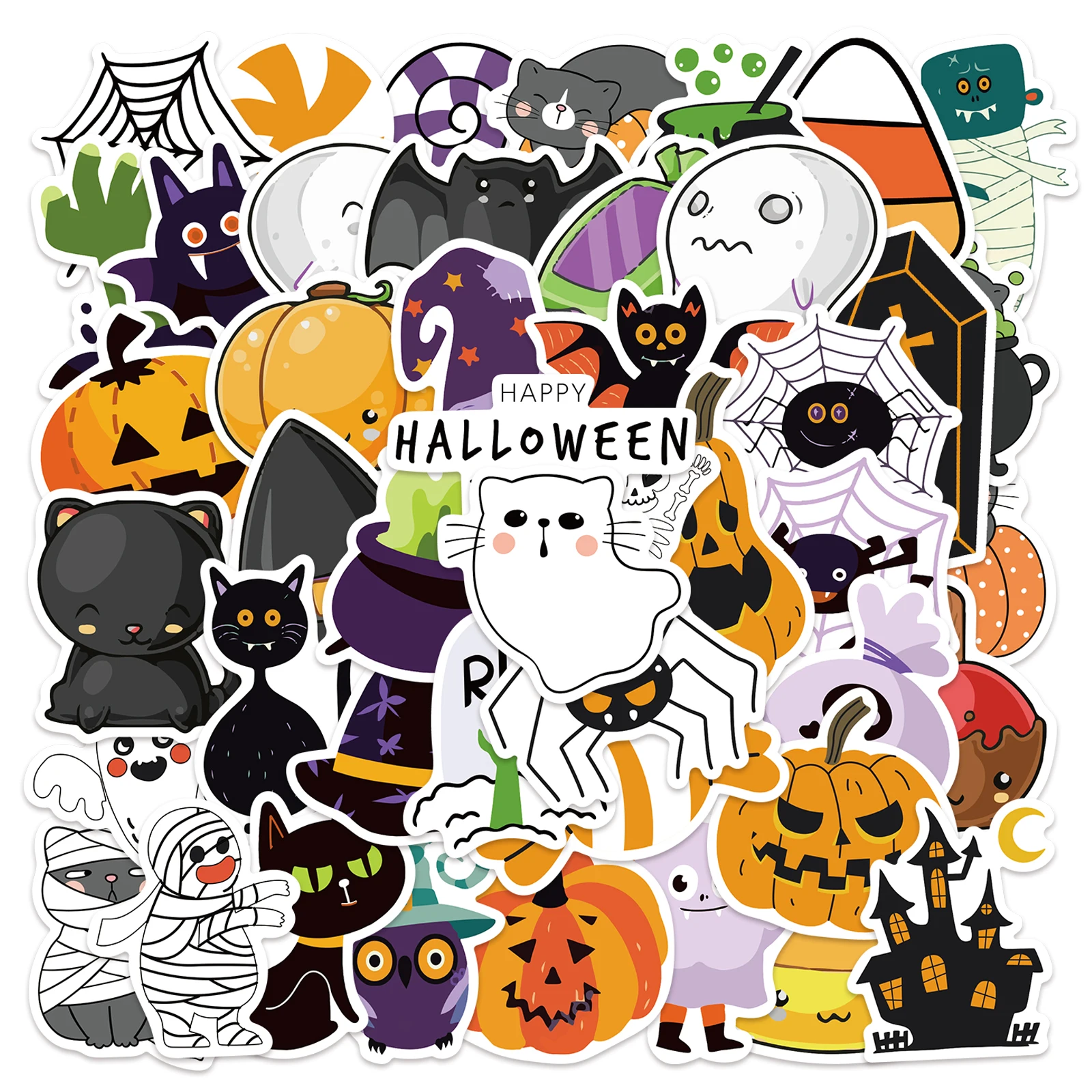 50Pcs Halloween-Themed Stickers Featuring Skeletons, Pumpkins, And Ghosts for Winter Celebrations.