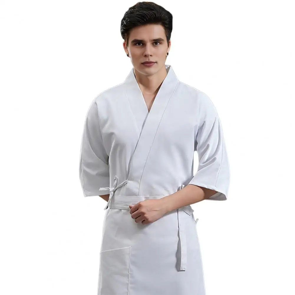 Japanese Cuisine Chef Uniform with Apron Adjustable Lightweight Breathable Waist Strap Unisex V-Neck Crossover Style