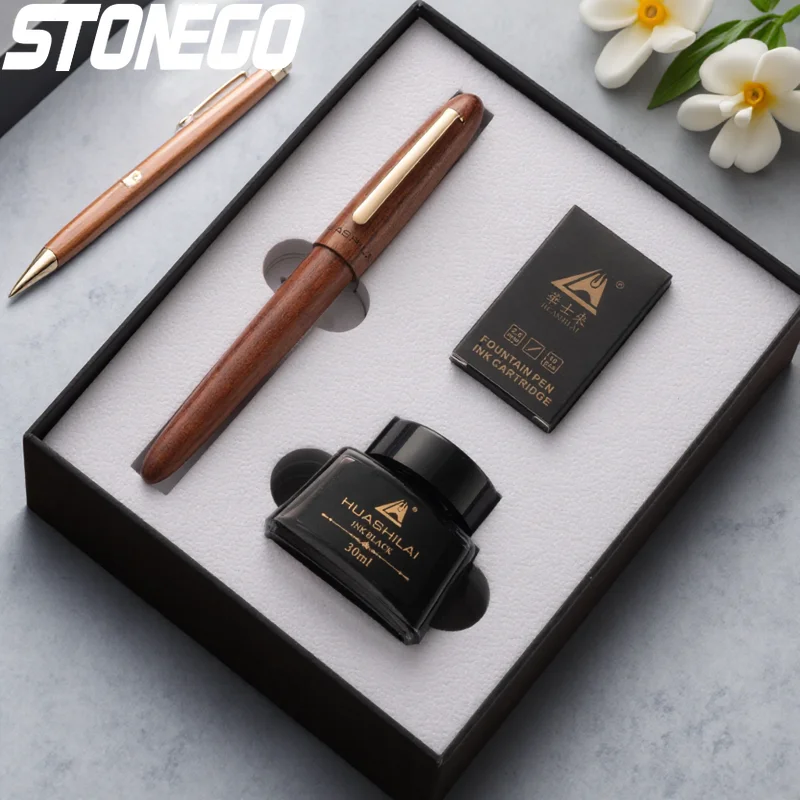 Luxury Fountain Pen Set 0.7mm Gold-Plated Nibs Wood Fountain Pens Rotating Cap 30ml Ink Perfect Holiday Gifts Writing Supplies