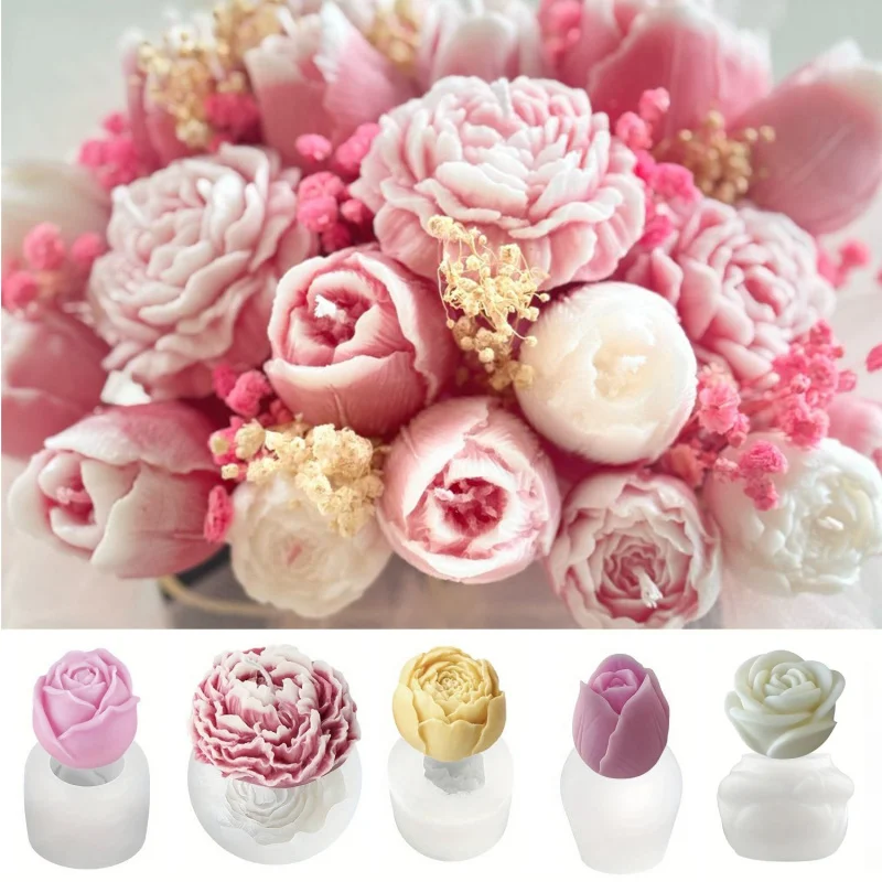 Ensemble de cinq moules en silicone pour bougies florales DIY, adaptés à la production de bougies parfumées et à la création d'œuvres d'art en résine. | Parfaitement adapté pour