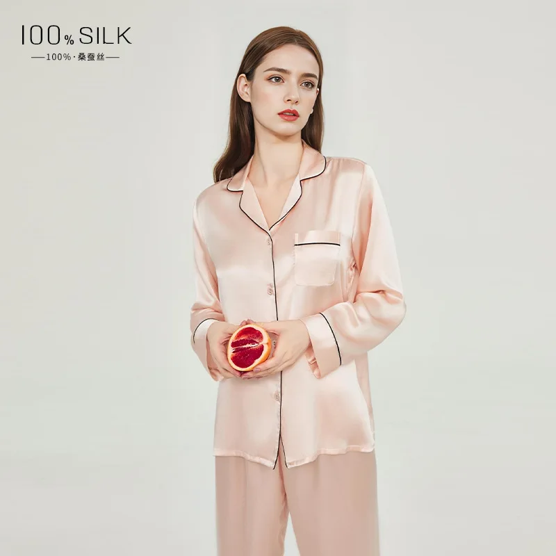 2025 New Summer Style Silk Pajamas Set for Women, Long Sleeves and Long Pants, 100% Mulberry Silk, Light Luxury Loungewear Set