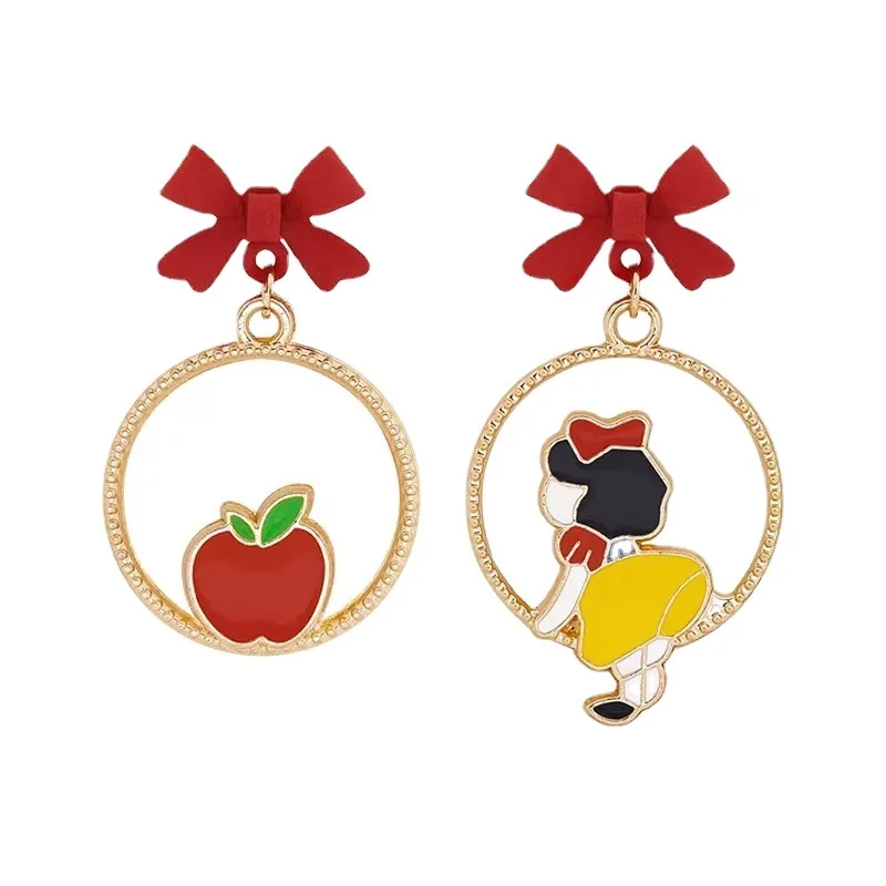 Cute Bow Round Drop Earrings for Women Princess Apple Poker Charms Asymmetrical Dangle Earrings Party Sweet Jewelry Girls Gift