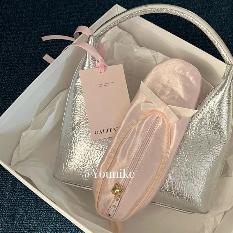 Borsa per penna per lo Styling delle scarpe da balletto rosa borsa per cosmetici a cuore per ragazza francese dolce borsa per la conservazione della