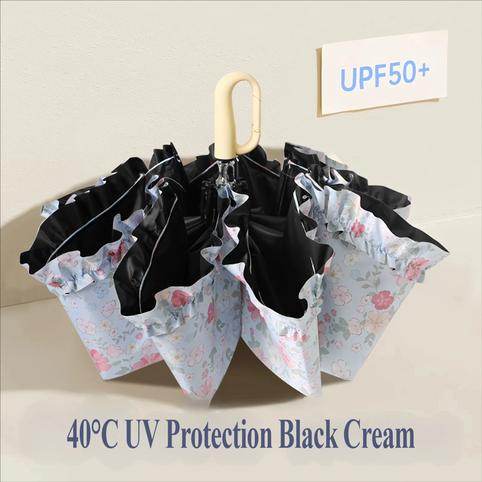 3-Fold Manual Folding Umbrella, Loop Buckle Handle, Black Glue UV Sun Umbrella, Lace Fresh Style, UV Protection Sunshade Umbrell