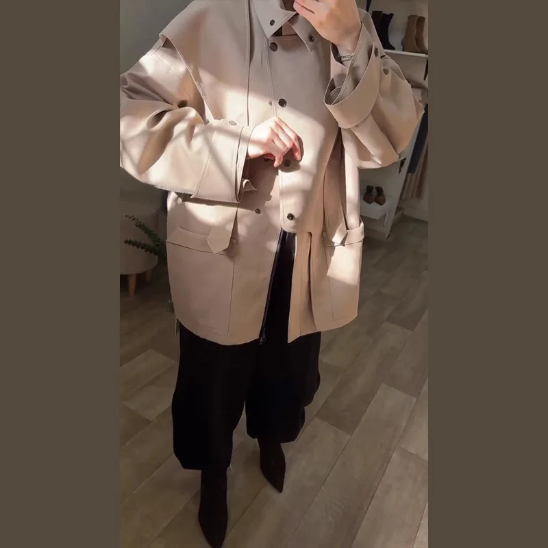 

Женское весеннее пальто однотонное с ремешком и однорядной железной пряжкой, средней длины, ветровка