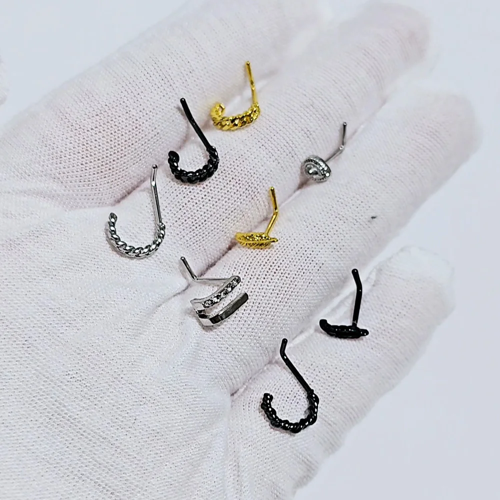 3/1PCS Stainless Steel Curve Shape Arch L Rod Zirconia Nose Studs Threadless Body Jewelry Piercing 20G For Women