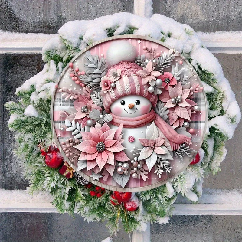 Rosa Weihnachts-Schneemann-Holzschild, 2D-Relief-Effekt aus rosa Weihnachtskranz-Schild für Haustür, Wandbehang, Dekor, ideal – Detail 5