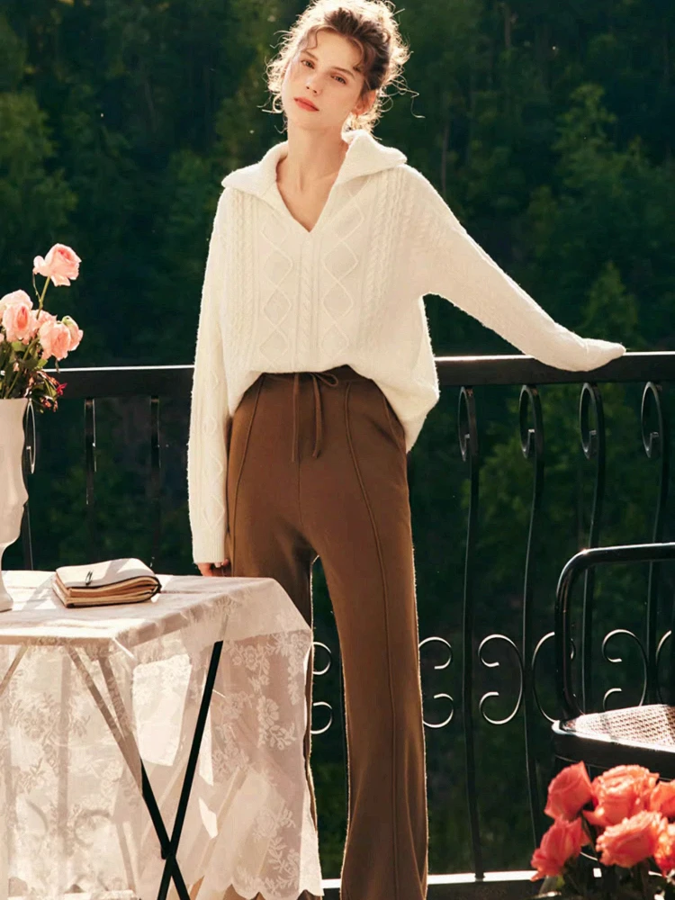 OLrain Casual Long Pants Women's Autumn 2025 New Loose Wide-leg Trousers Pockets High-waisted Drawstring Warm Pants O22QK00321