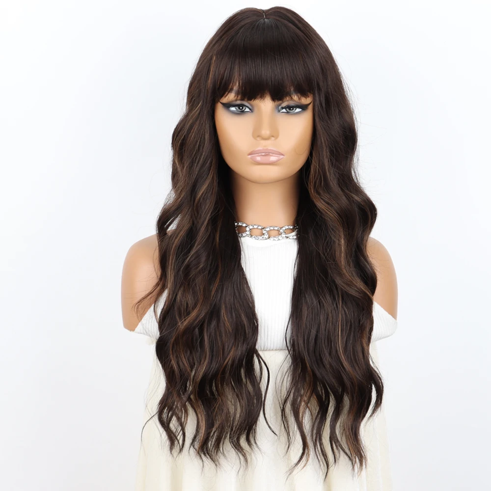 Wig sintetis Ombre coklat panjang dengan poni untuk wanita hitam Wig bergelombang Cosplay Wig gelombang air tahan panas