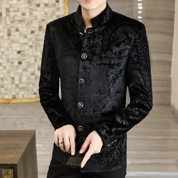 Luxury Velvet Standing Collar Suit Jacket for Men Autumn Winter Chinese Style Blazers Slim Fit Casual Business Blazer Masculino