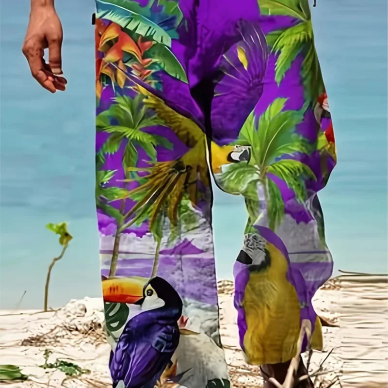 Été nouveaux hommes cordon plage vacances Style pantalon à jambes larges mode amusant motif perroquet imprimé ample décontracté pantalons de plage
