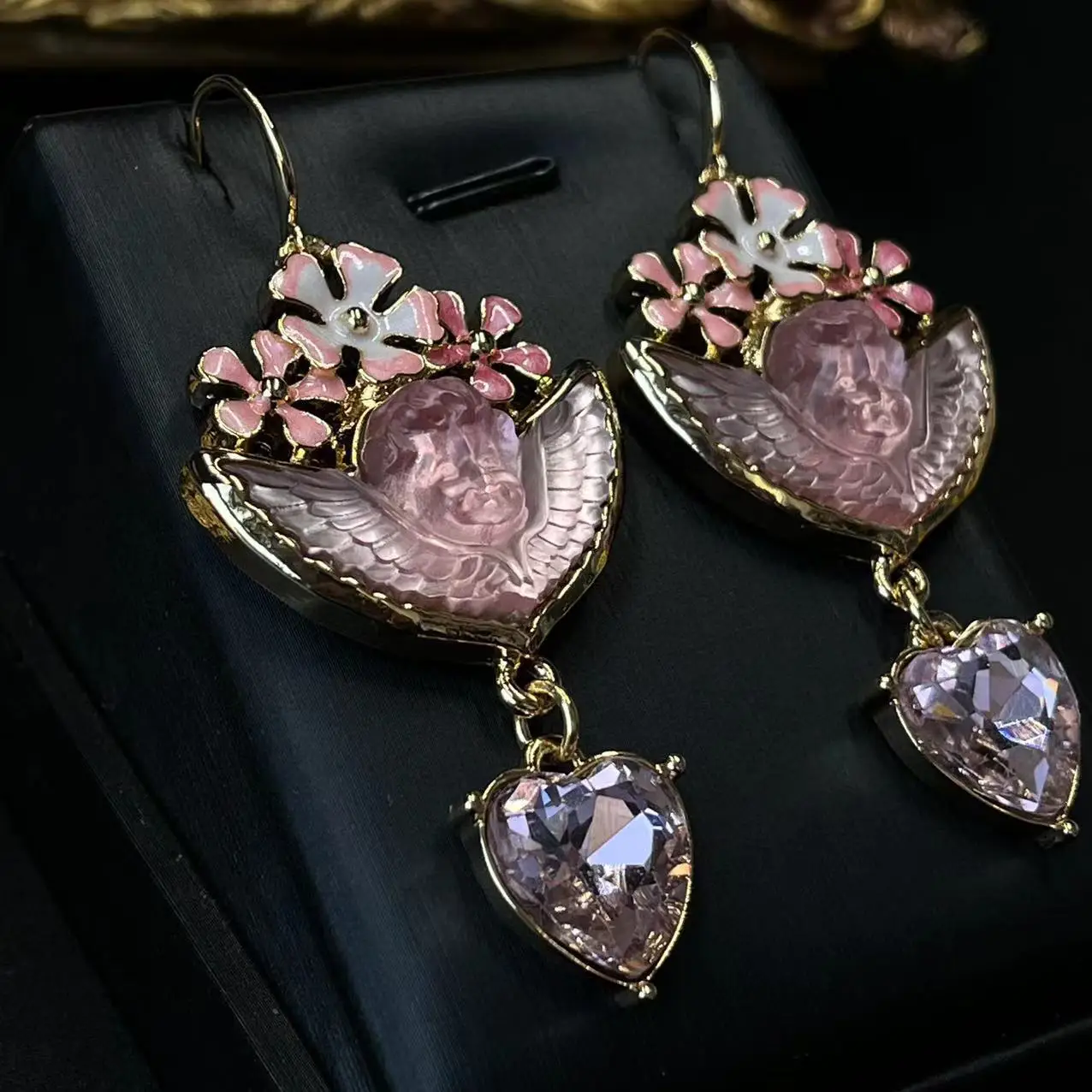 Vintage Angel Pendant Love Earrings Enamel Craft Pink Flower Crystal Relief Necklace Retro Jewelry Set Accessoris For Women