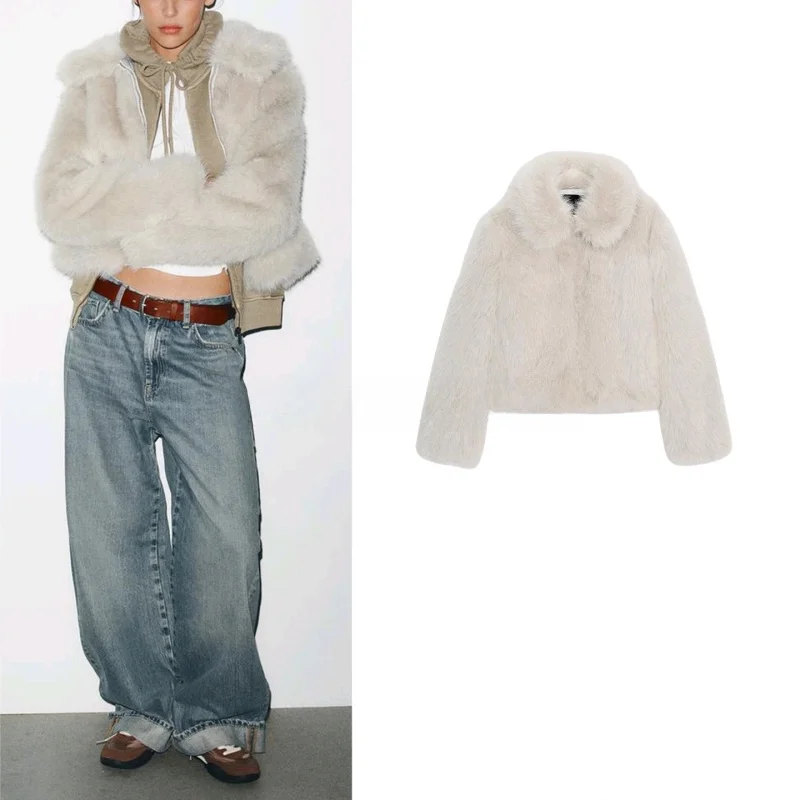 

Fall New Women's Long Sleeve Faux Fur Effect Zipper Short Coat Casual Style Loose Fit Youth Fashion Artificial Leather Jacket