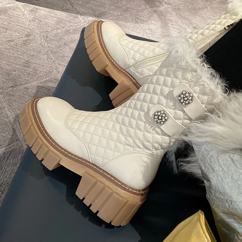 2022new European winter boots natural leather warm snow boots 22-24.5cm Fur one cowhide+wool side zip ankle boots platform boots