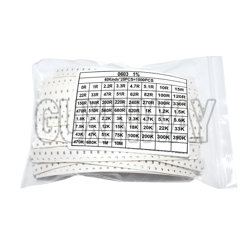 SMD 0603 0805 1500 unids/set resistencias juego surtido (60 valores X 25 uds) 0R-10M Ohm 1% Kit de resistencia de chip de película de alta precisión