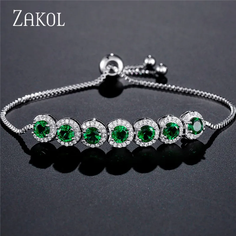 ZAKOL Fashion Pink Round Adjustable Bracelets for Women Green Crystal Cubic Zirconia Bracelet Wedding Party Jewelry BP2062