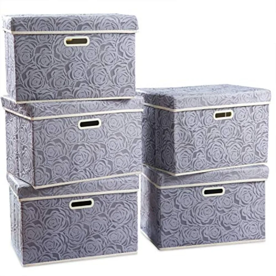 

Large Storage Boxes with Lids [5-Pack] Fabric Decorative Storage Bins Cubes Organizer Containers Baskets with Handles for Close