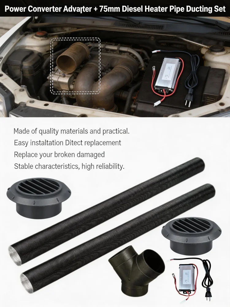 Car Power Converter Adapter 75mm Diesel Heater Pipe Ducting Set 230V-12V For 5/8KW Plastic Car Accessory Tool Car Parts