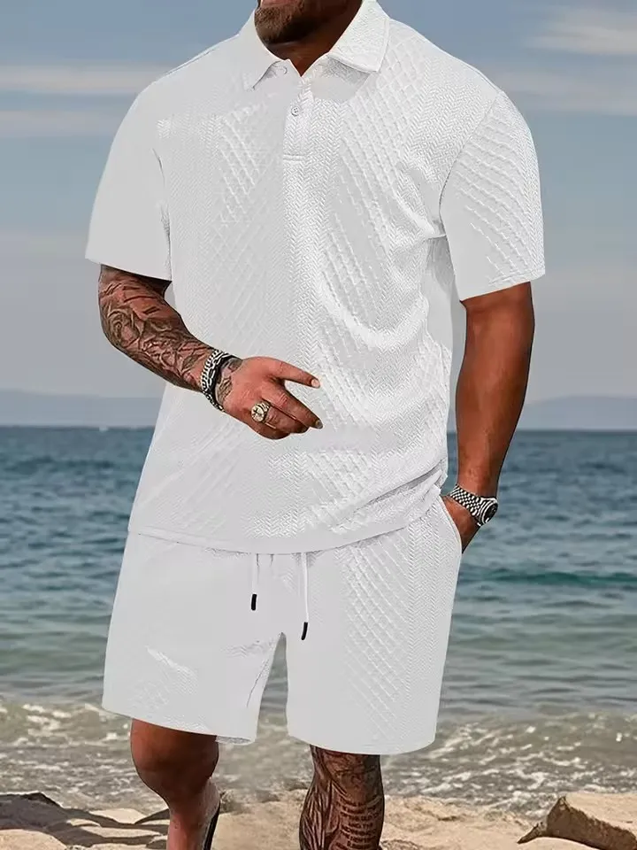 

Men's Summer Polo Shirt Shorts 2 Piece Set Breathable Casual Tracksuit Jacquard fabric Drawstring Waist Fashion Two-Piece Outfit