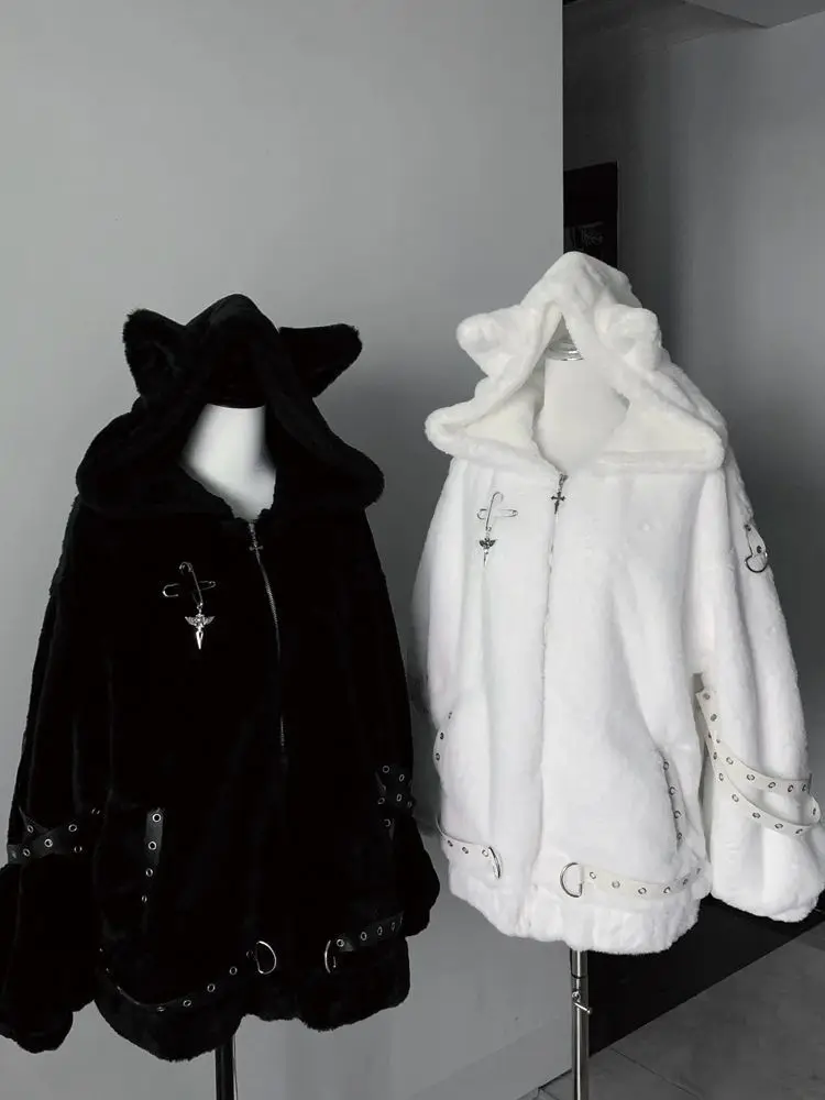 Vintage Punk Style Hoodie Long Sleeve Faux Fur Women Casual Zipper Hooded Gothic Y2K Subculture Harajuku Sweatshirts Autumn