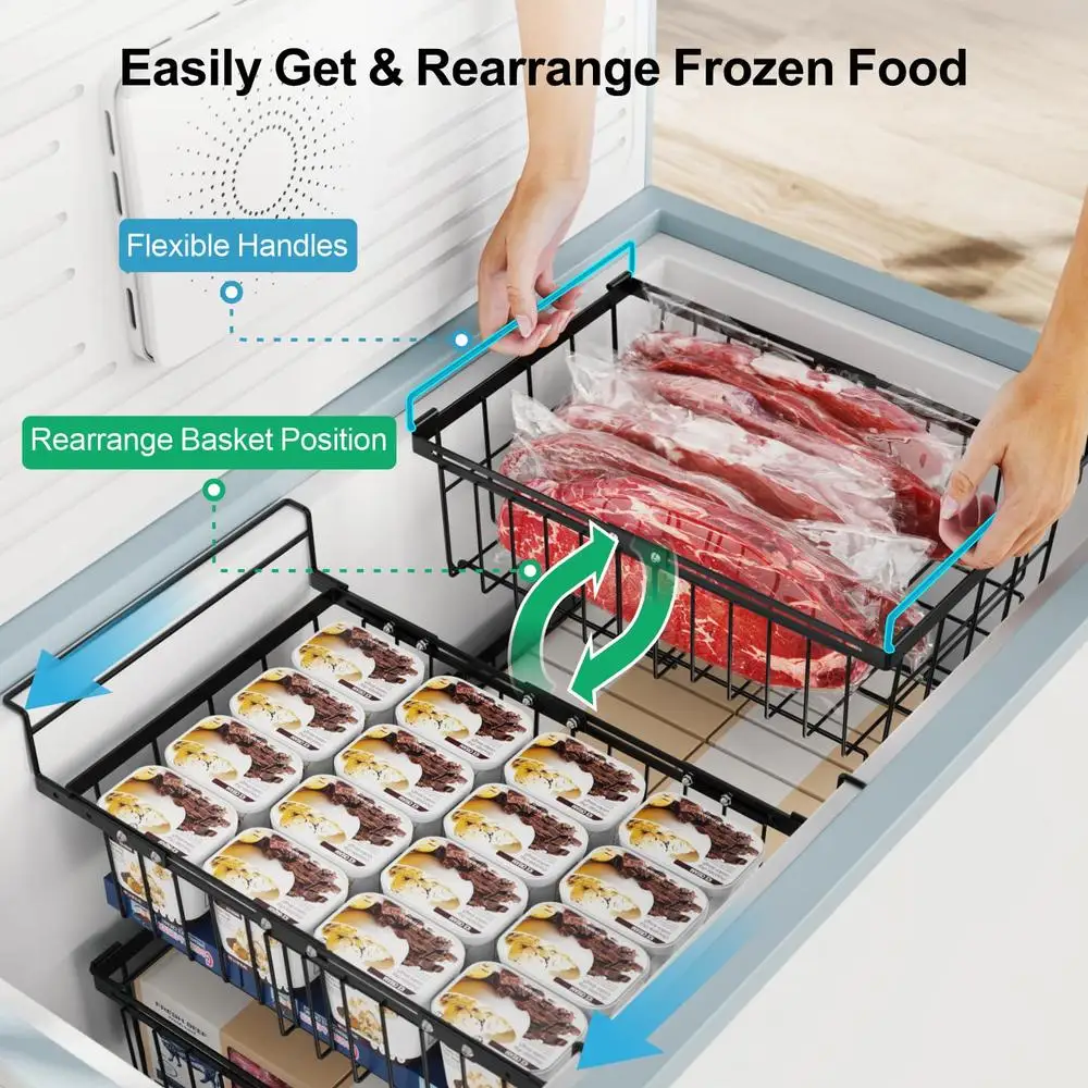 Large Adjustable Hanging Baskets Stackable Metal Freezer Organizer Bins 3 Pack Fit 17.7-23.2 Inch Chest Freezer Orderly Sort