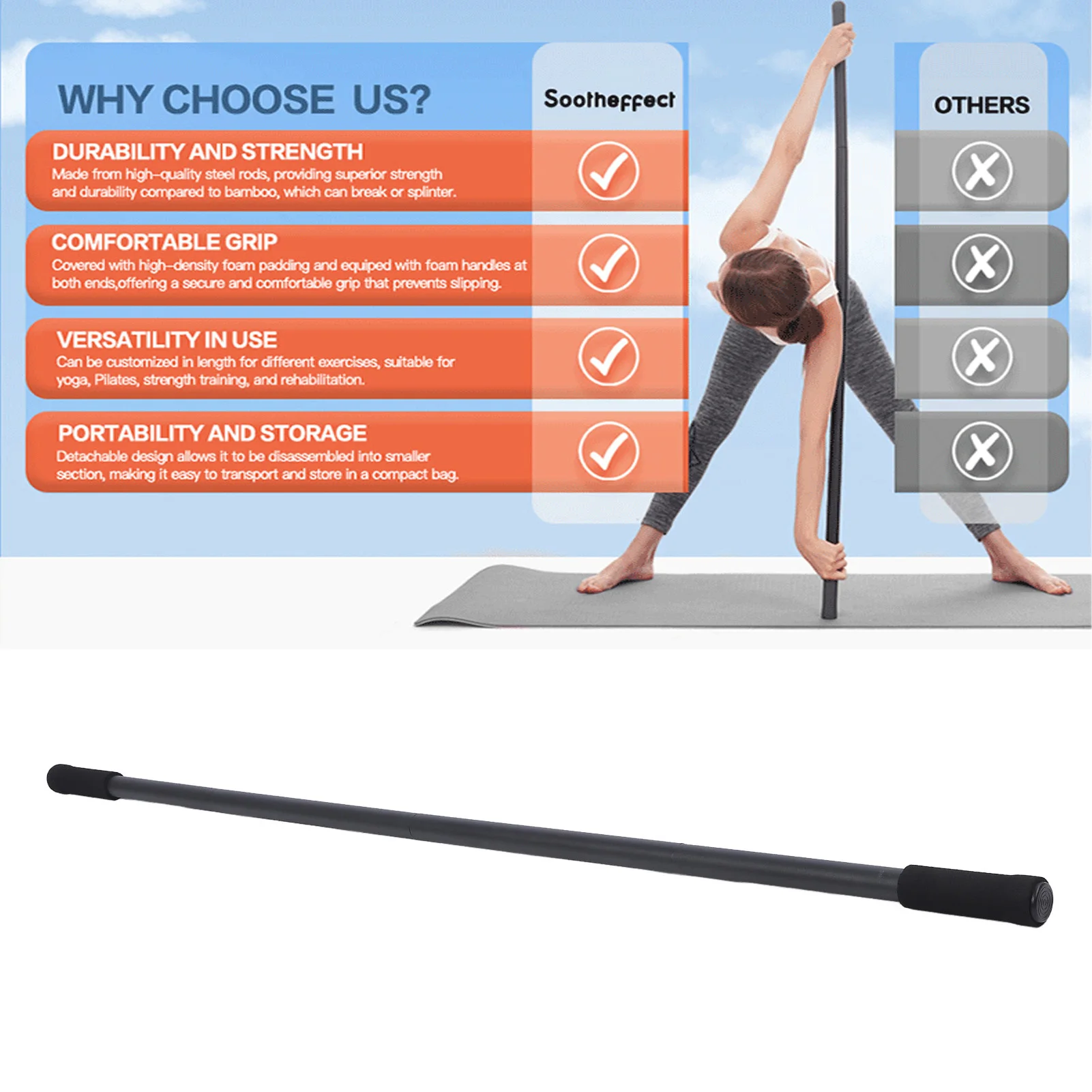 Workout Pole Adjustable Metal Yoga Stick Workout Stretching Stick Strengthen Muscle Secure Grip with Foam Handles for Exercise