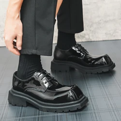 Male Leather Shoes Men Square Toe New Chunky Platform Retro Work Shoes Spring Autumn Derby Shoes Height Increase Man Casual Flat