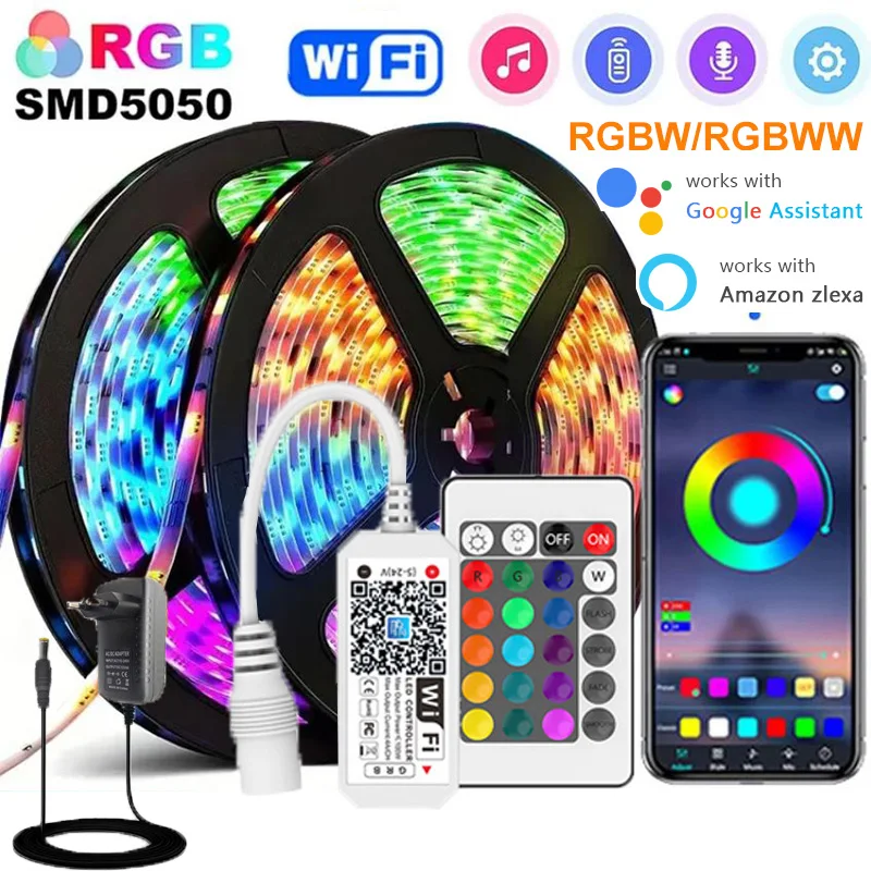 

RGBWW WIFI LED Strip Lights 5050 RGBW LED Flexible Ribbon Tape APP Control +Power Supply Works With Alexa Google for Home Decor