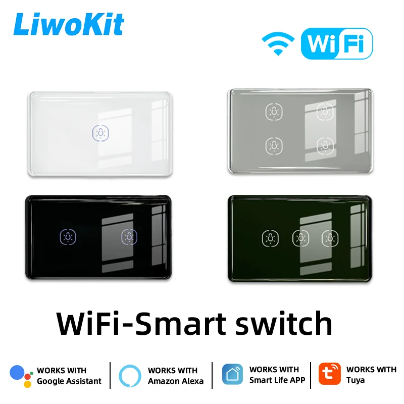 LiwoKit Wifi smart switch Suitable for Tuya Smart Life Alexa Google voice control No neutral wire Install Touch light switch