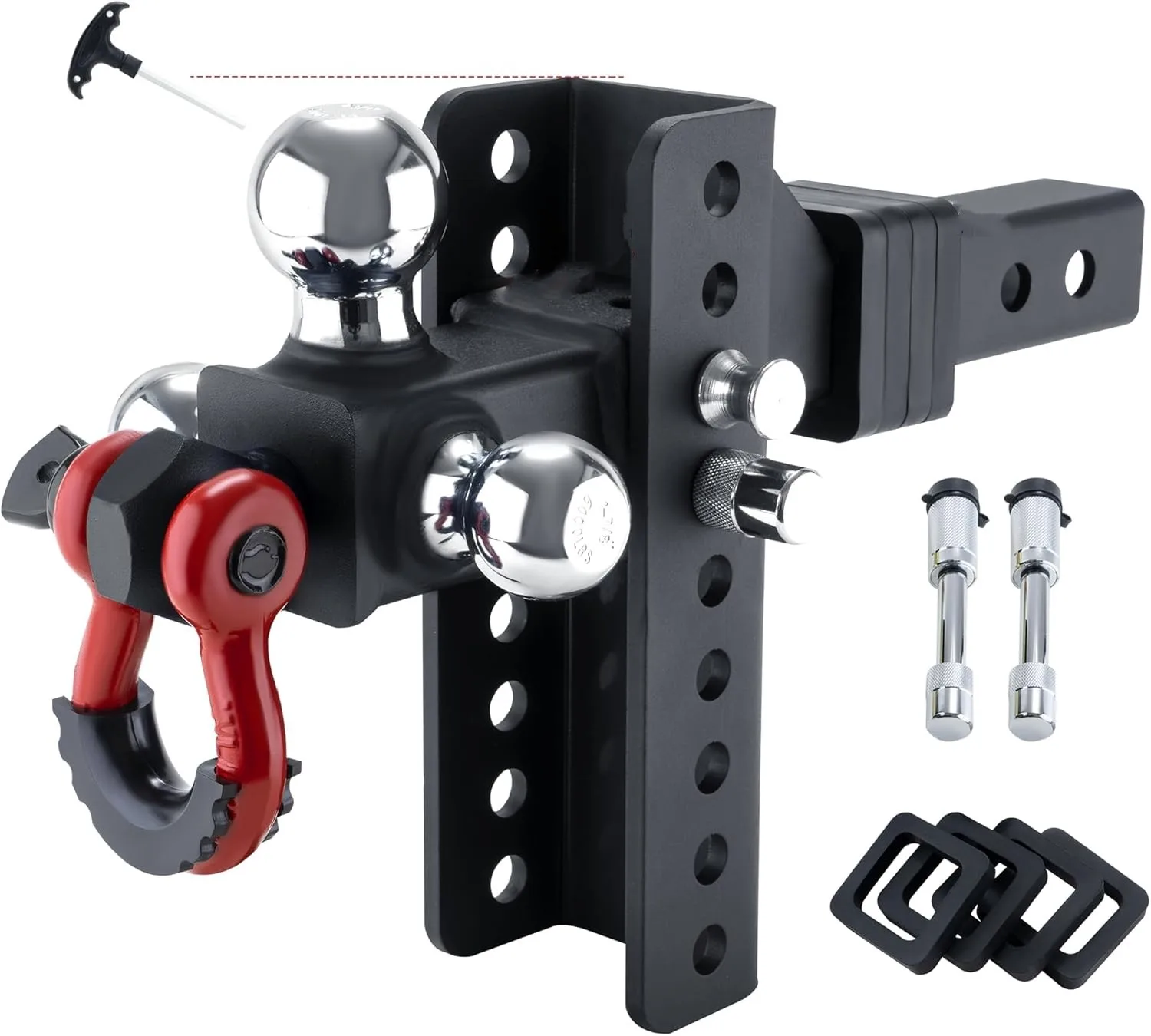 Adjustable Heavy-Duty Trailer Hitch Tri-Ball Mount With Locks Pin and Tow Shackle Fits 2-in Receiver