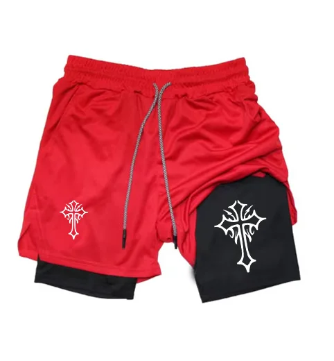 Cross Print 2 in 1 Workout Running Shorts for Men Christian Gym Athletic Shorts with Compression Liner Phone Pocket Towel Loop