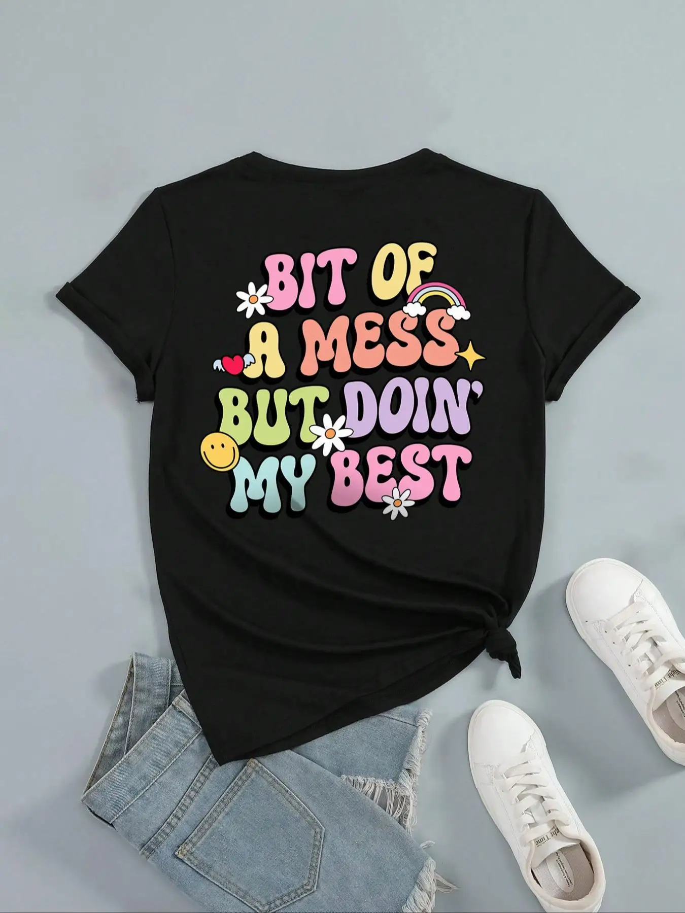 

Bit of a Mess But Doin My Best T-shirt for Women Men Positive Slogan Tee Funny Graphic Top