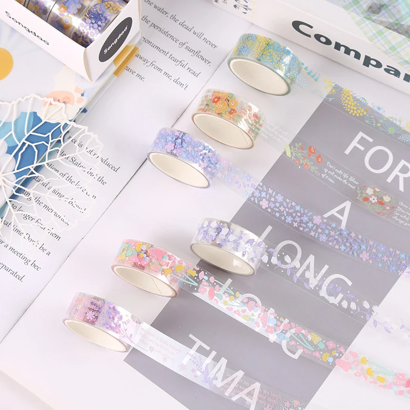 5rolls Transparent Washi Tape DIY Decorative Tape Materials Masking Tape School Supplies Diary Decoration Scrapbooking Materials