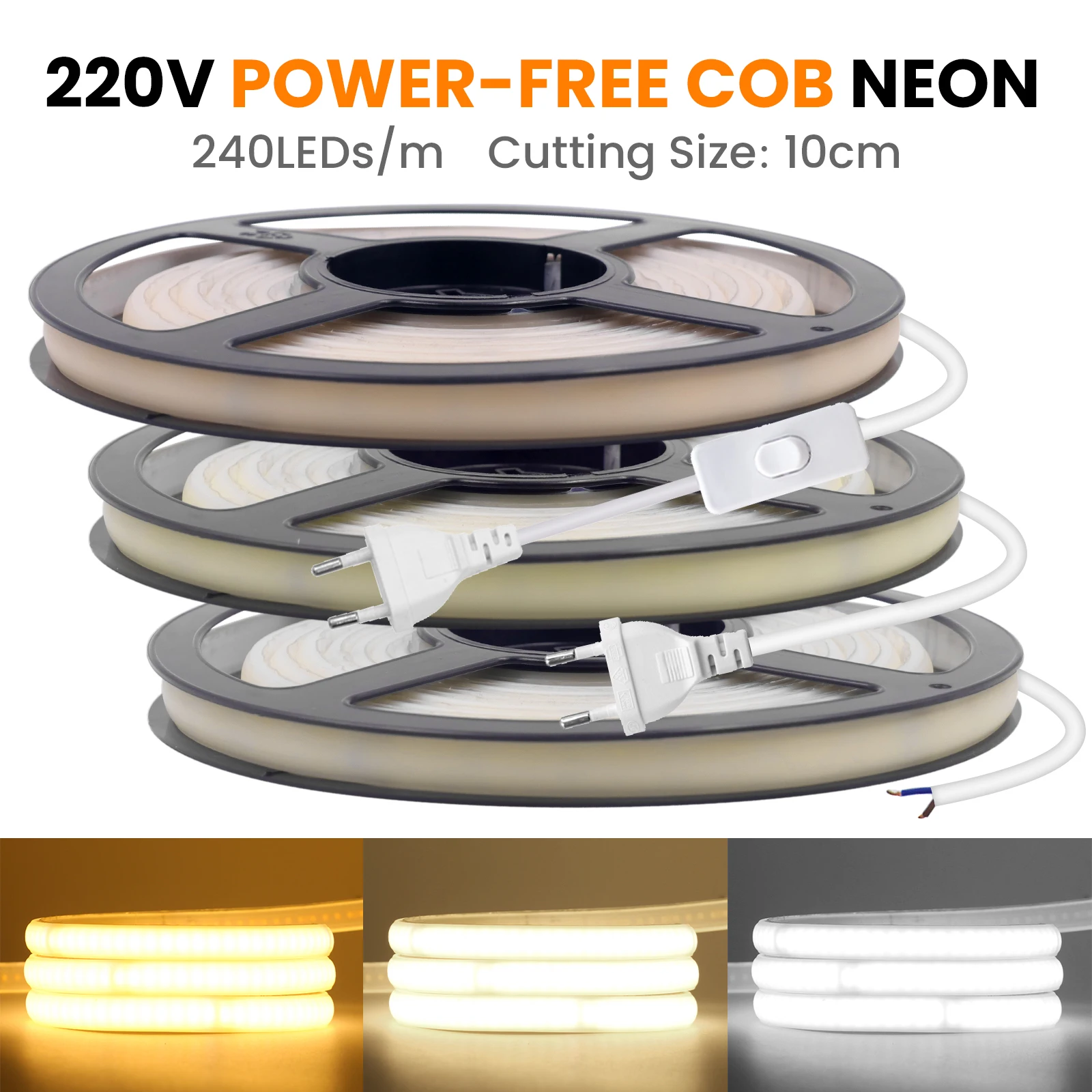 COB LED Strip 220V High Brightness Adhesive LED Light Waterproof Flex Tape Warm Natural White Outdoor Garden Decorative Lights