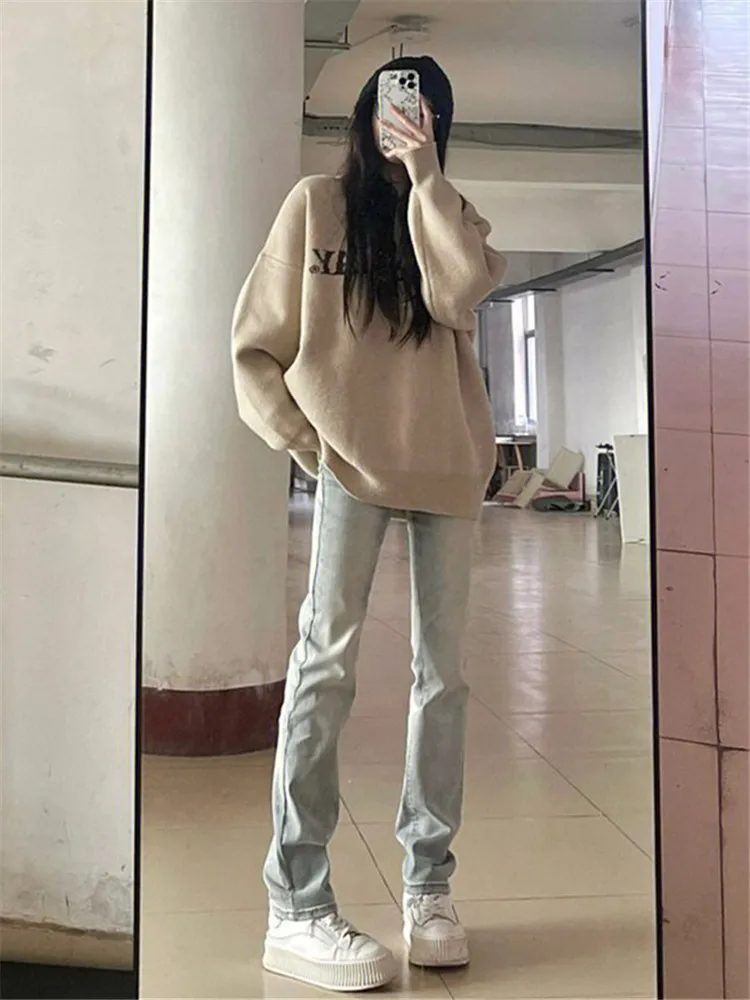 

American Vintage Women's High Waist Slim Straight Jeans Long Length Narrow Version Smoke Tube Pants High Waist Washed Denim