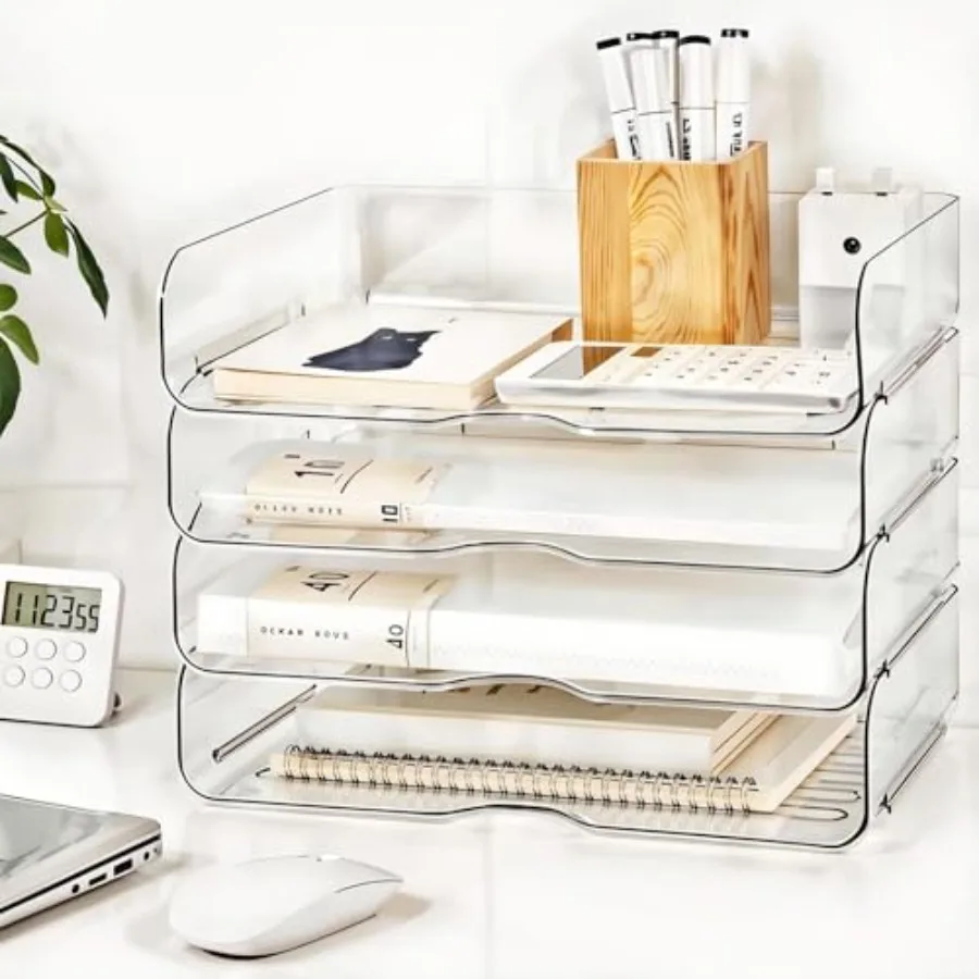Organizador de escritorio apilable de 4 niveles de gran capacidad con bandejas de papel ajustables para uso en oficina, hogar y escuela, gestión eficiente de archivos