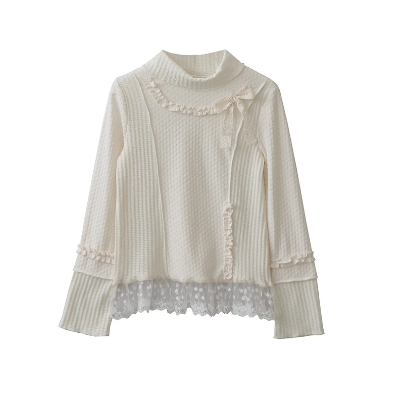 

Women T Shirt Top Sweet Lace Knit Pure Desire Bow Edge Slimming Lace Splicing Base Shirt