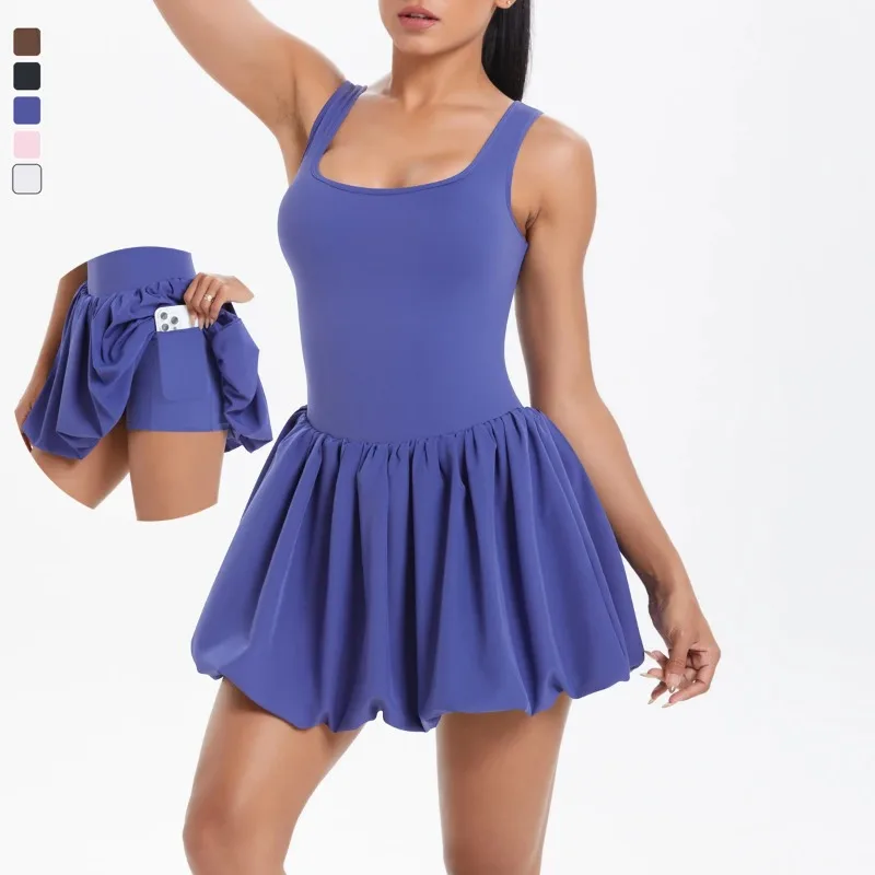 

Women One Piece Tennis Dress Summer Solid Color Pocket Outdoor Running Suit Female Breathable Quick Dry Skirt Workout Clothes