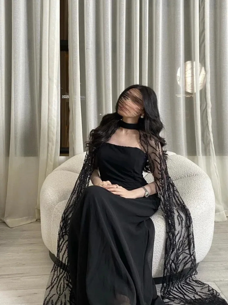 Black Evening Dresses Luxury Chiffon Long Dresses Lace Full Sleeve Prom Dresses 2024 Cocktail Prom Gown New فساتين الحفلات