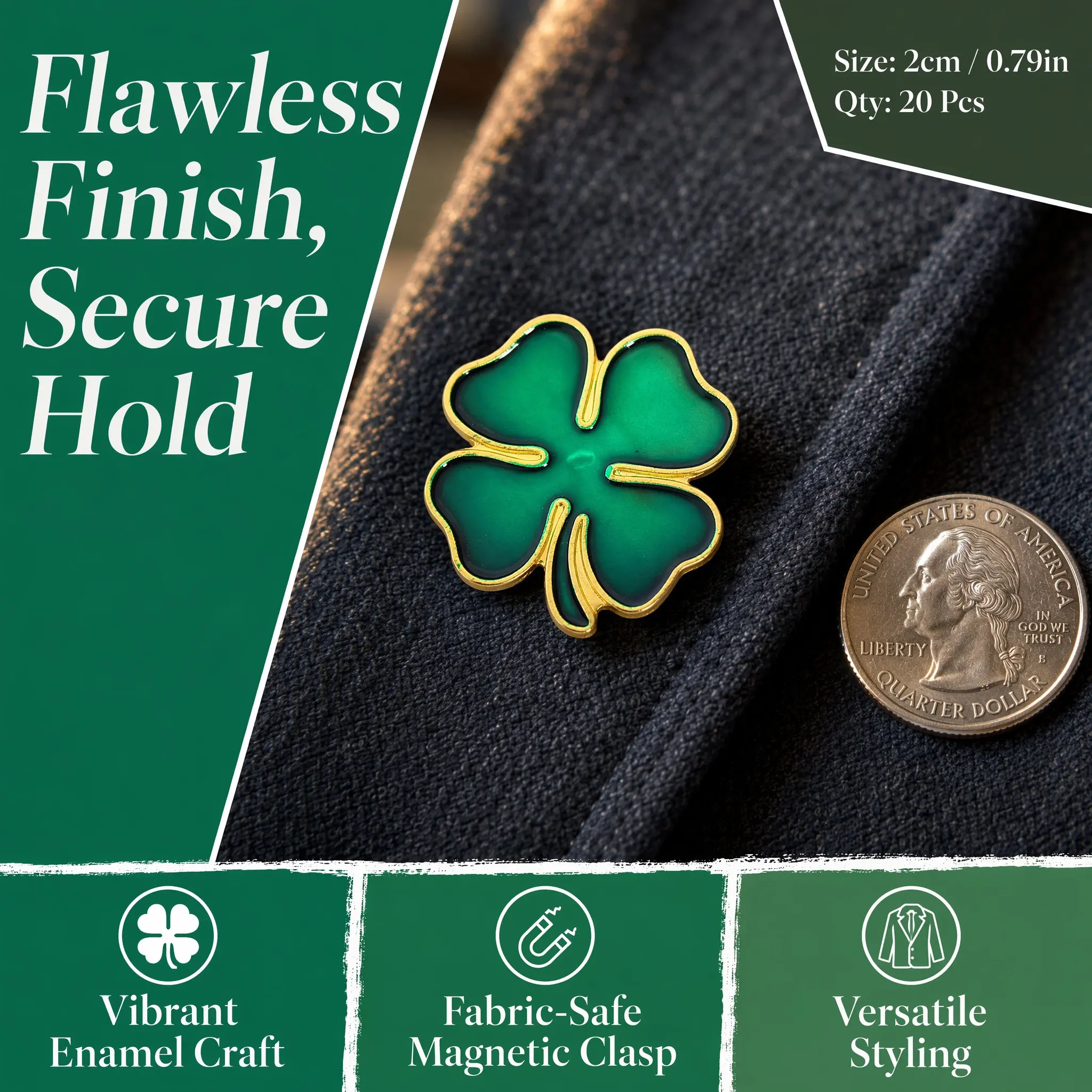 20Pcs Irish Clover Pin Four Leaf Shamrock Brooch Metal Enamel Magnetic Clasp Brooch Pin for Formal Wear Business Wedding Party