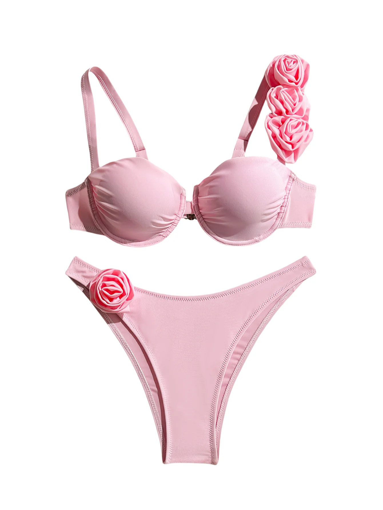 Doux 3D Rose fleur décoration Design maillot de bain pour femme deux pièces maillots de bain rose Sexy Bikini ensemble été natation femmes maillots de bain