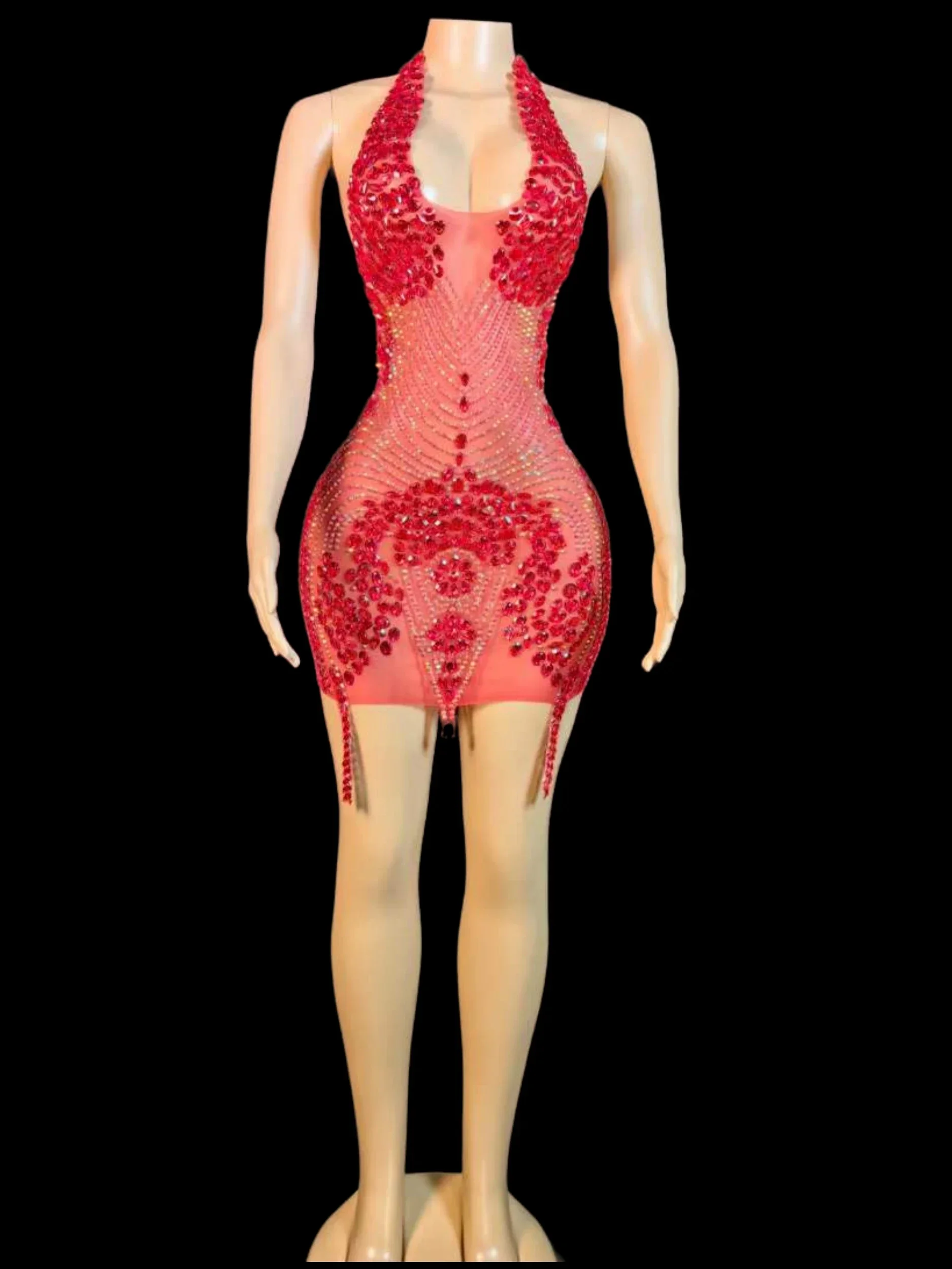 

Red Women Rhinestone Backless Sexy Evening Birthday Party Queen Dresses Gogo Dancer Night Club DJ DS Outfits 2025