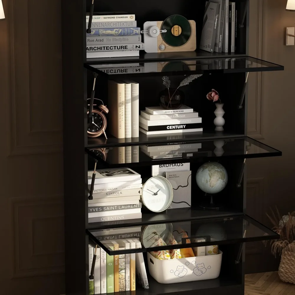 خزانة عرض زجاجية حديثة طويلة مع أضواء LED ثلاثية الألوان، وأرفف من 4 طبقات، وخزانة تخزين لرف الكتب المعاصرة