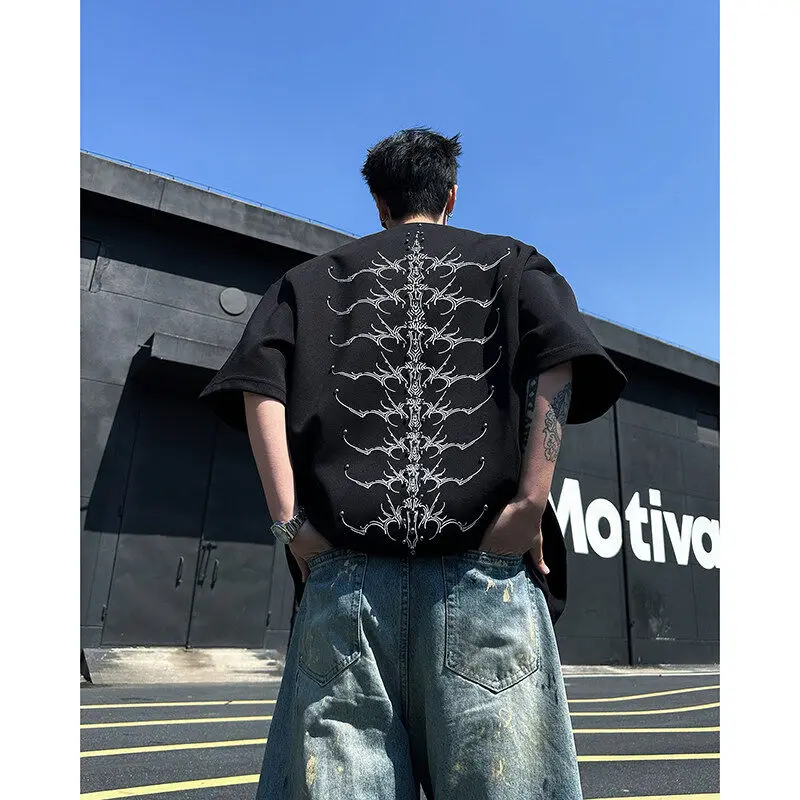 

Мужская модная футболка в американском уличном стиле с толстыми плечевыми накладками, в стиле хип-хоп, с принтом змеи, заклепками и жемчугом, с коротким рукавом, с дизайном «Пять рук»